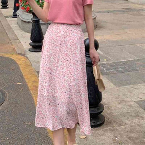 Floral Green Print Ruffle Pleated Long Skirts Summer Women Korean Style Streetwear Drawstring Elastic Waist Midi Skirt 210529