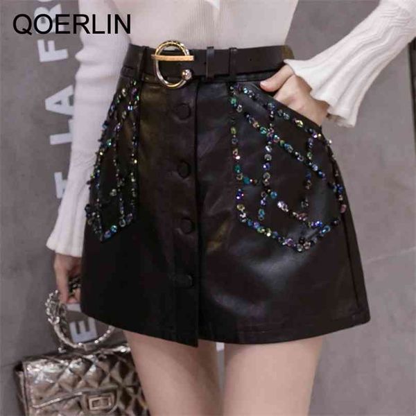 Handmade Beaded PU Leather Skirts Women&#039;s Korean Style Single-Breasted High Waist Slim With Lining A-Line Chic Saia 210601