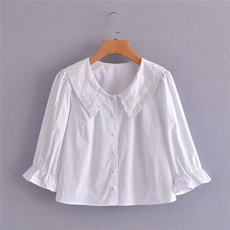 Women&#039;s Blouses & Shirts Women Fashion Embroidery Turn-Down Collar White Cotton Short Blouse Chic Lady Casual Single Breasted Hm T