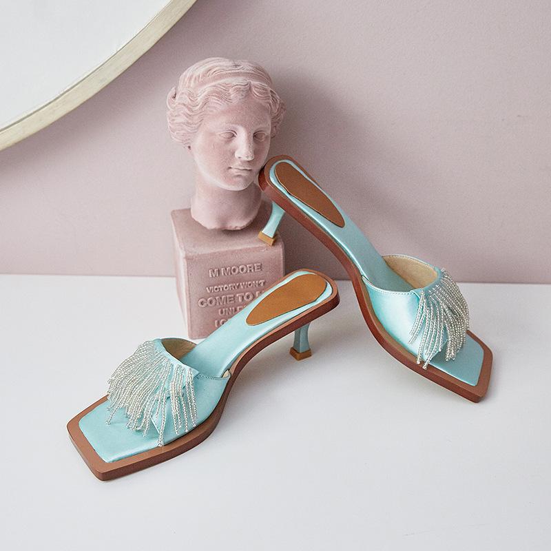 Slippers 2021 Summer Tassel Low Heel Sandals Female Candy-Colored Outer Wear Fashion
