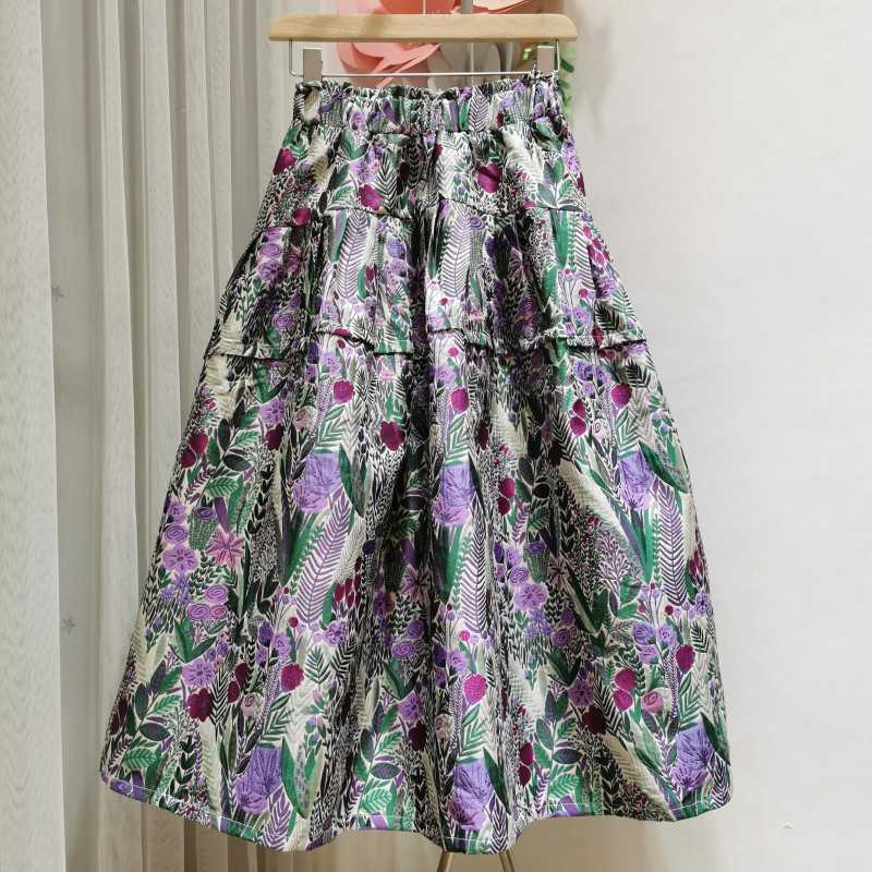 Skirts Falda acampanada con estampado de flores para mujer, falda elstica cintura alta, estilo coreanoP66 primavera y verano YEKH