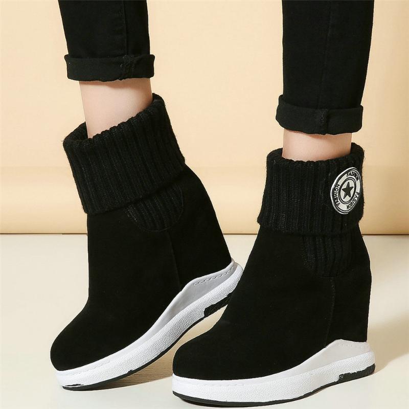Boots Winter Oxfords Women Genuine Leather Wedge High Heel Snow Female Top Knitting Round Toe Fashion Sneakers Casual Shoes