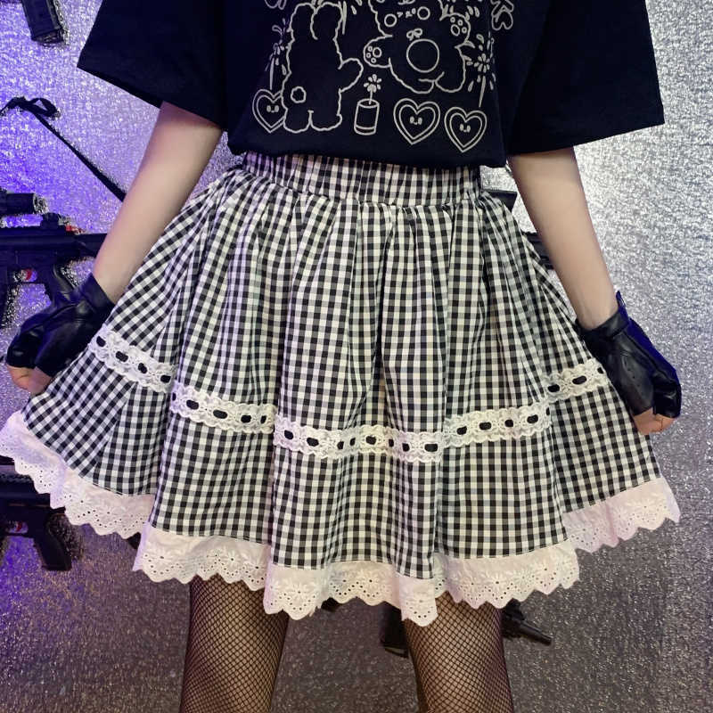 Skirts Japanese Gothic Lolita Plaid Mini Teen Girls Cute High Waist Lace Trim Harajuku Women Pleated Short A-line Tutu Skirt LQ5I
