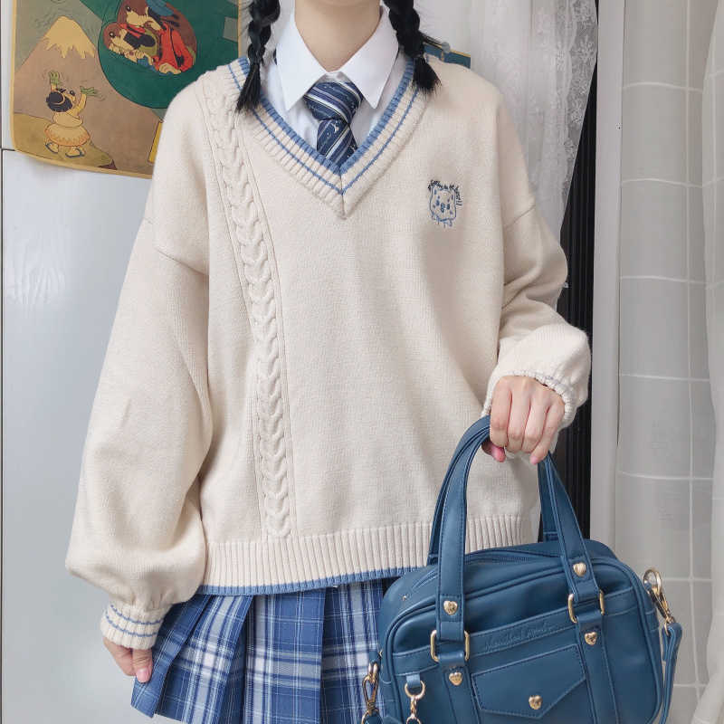 Women&#039;s Sweaters Harajuku Cashmere V Neck Sweater Women Vintage Kawaii Long Sleeve School Uniform Pullover Girl Cute Blue Pink Kni