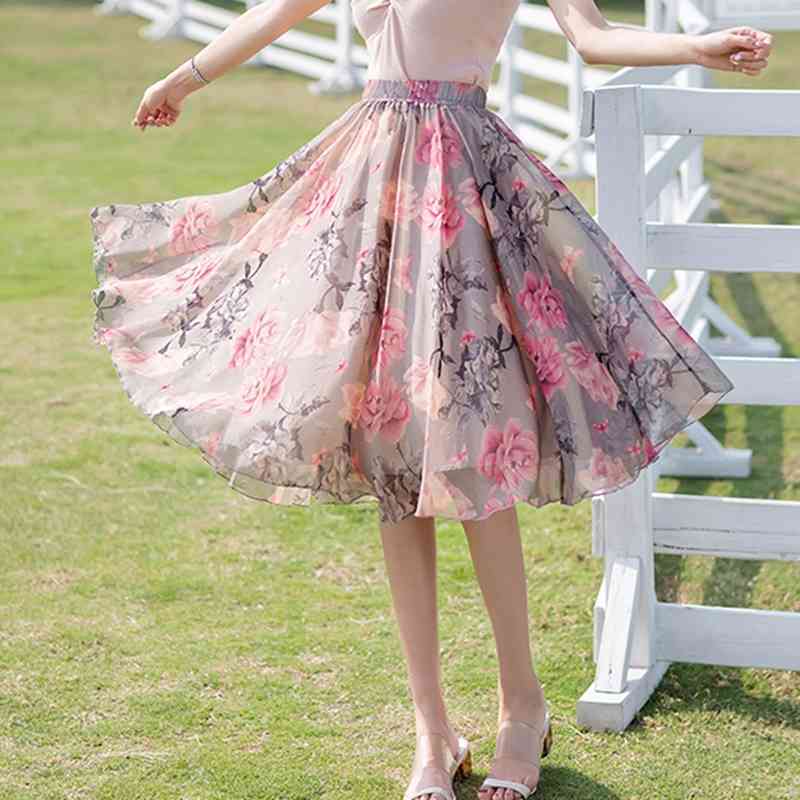 Skirts Falda media larga elstica con estampado de Tencel para mujer, ropa S42calle femenina cintura alta II22