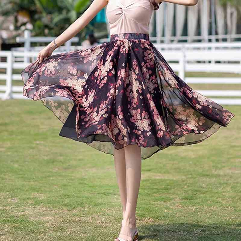 Skirts Falda media larga elstica con estampado de Tencel para mujer, R68 ropa calle femenina cintura alta A2EA