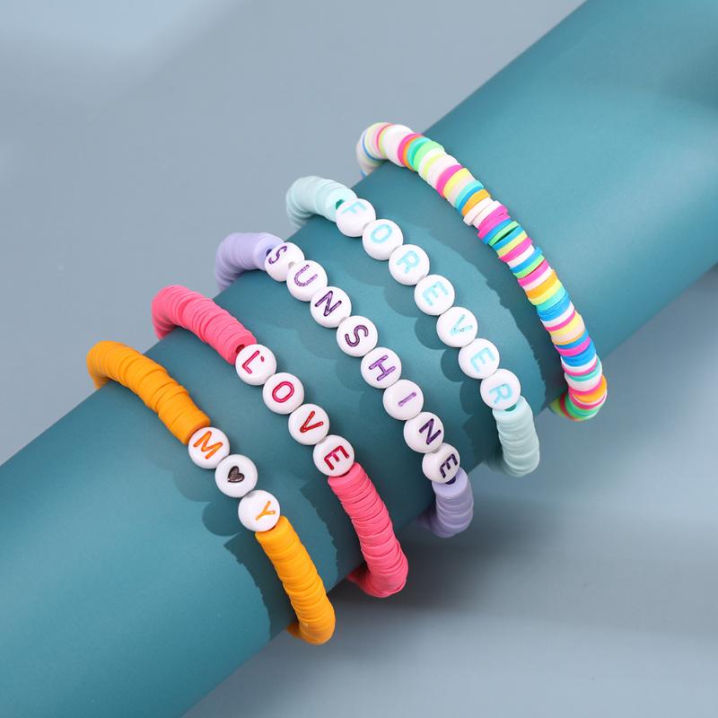 Bangle Boho Handmade Rainbow Polymer Clay Bracelet Bangles For Women Flat Round Beads LOVE Letter Elastic Rope Bracelets Summer Jewelry