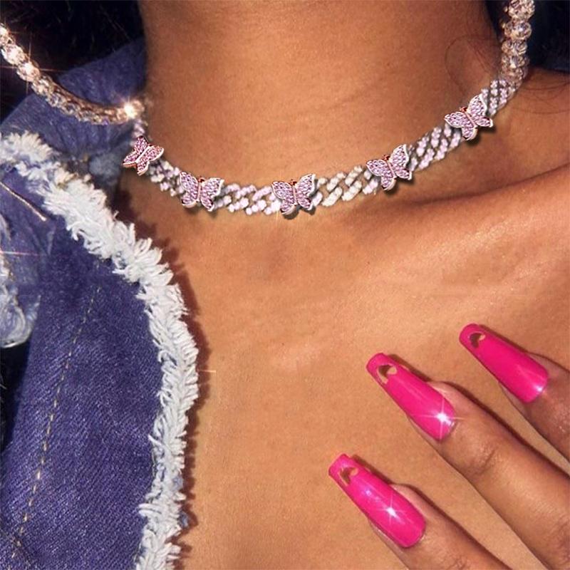 Chains Iced Out Butterfly Crystal Cuban Link Chain Choker Necklaces Gift For Women Bling Thick Metal Necklace Hip Hop Jewelry