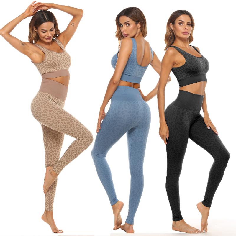 Yoga Outfit Female Leopard Print Seamless Sport Suit High Waist Hip Workout Leggings Running Sports Bra Set Gym Clothing 2PCS