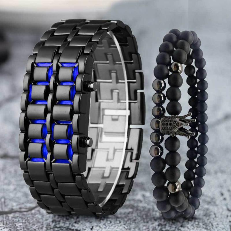 Wristwatches 2pcs - Set Black Crown Beads Bracelet + Led Watch Men Electronics Wrist Watches Mens Digital 2021 Luxury Stainless Steel