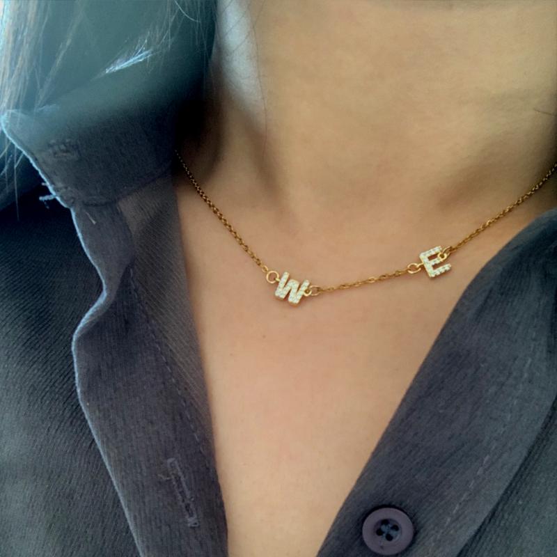 Pendant Necklaces DIY 2 Letters Name Initial Link Choker Necklace Womem Men Trendy Micro Pave CZ Alphabet Charm Steel Chain Jewelry