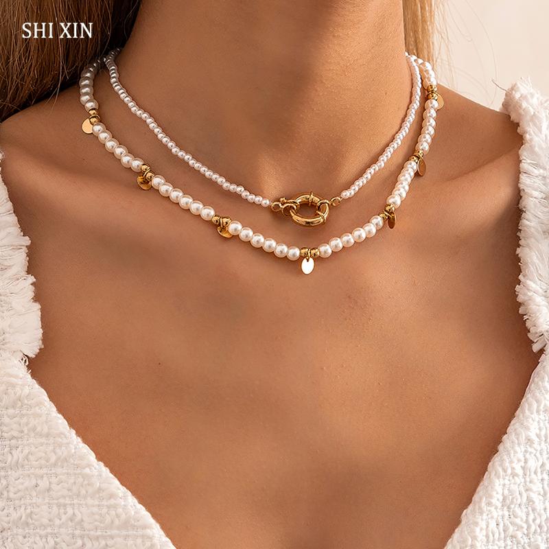 Pendant Necklaces SHIXIN 2Pcs-Set Bohemian Imitation Pearl Choker Collar Vintage Sequin Tassel For Women Jewelry Gifts