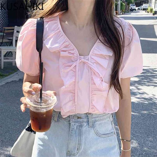 Sweet Ruffle Patchwork Womens Tops Chic Bow Tie V-neck Puff Sleeve Blouses Summer Korean Blusas Shirt 6J597 210603