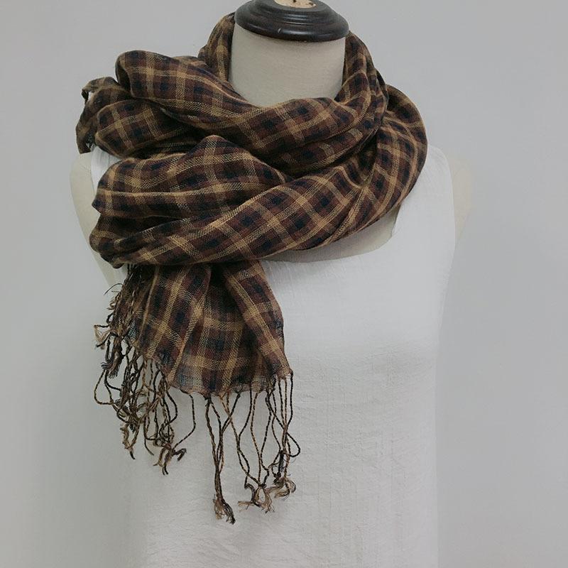 Scarves Japanese Linen Plaid Scarf Thin Breathable Neck Silk Women&#039;s Tassel Long Shawl 2021 Spring And Summer