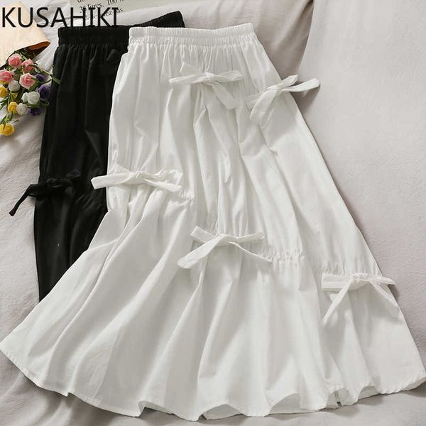 Korean Bowknot Pleated A-line Women Skirt Causal High Waist Sweet Skirts Spring Summer Mujer Faldas 6G161 210603