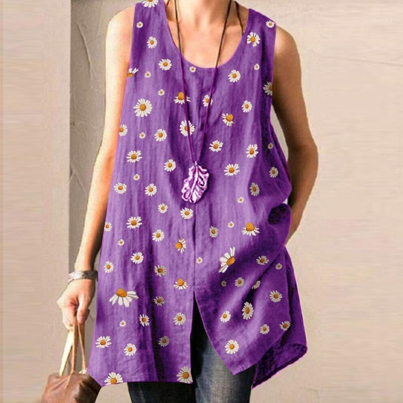 Women&#039;s Blouses & Shirts Plus Size Sleeveless Cotton Linen O-neck Printing Print Top Shirt Woman Loose Clothing WGVW