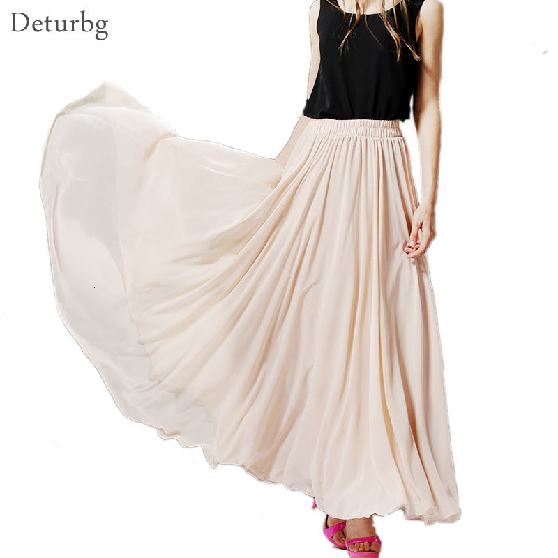 Casual Dresses Womens Boho Style 3 Layer Chiffon Long Skirt Female Elegant High Waist Non-transparent Beach Maxi Skirts Saia 2021