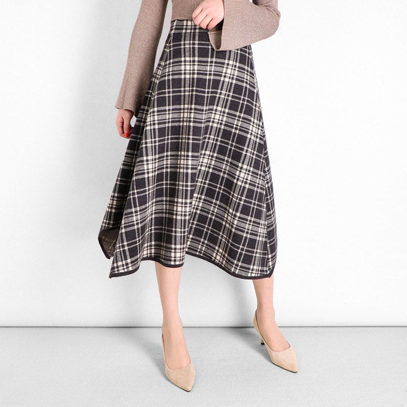 Casual Dresses Women&#039;s Elegant Knitted Plaid Skirt With Irregular Big Hems High Quality Female Waist A-Line Midi Skirts 2021 Sprin
