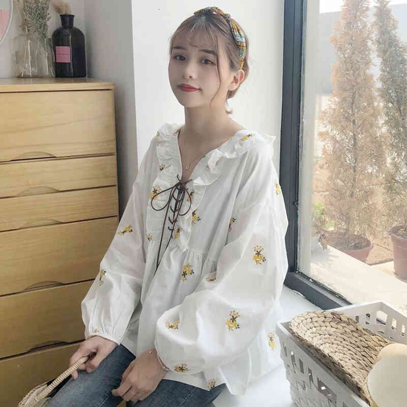 Women&#039;s Blouses & Shirts Chic flower embroidery Long Sleeve Cotton Linen lace up loose White Mori Girl japanese Chemisier LNL2