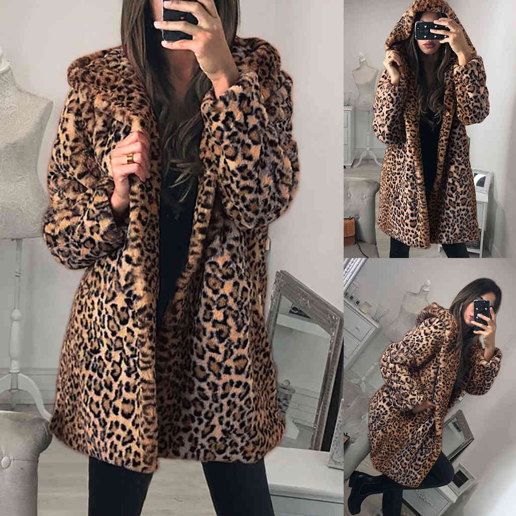 Women&#039;s Leather & Faux Ladies thicken Fur Coat Jacket woman Leopard printed Hooded Outerwear Winter Warm Long Sleeve for female N0