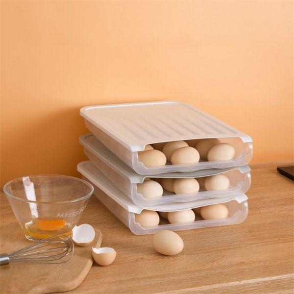 Kitchen Supplies 18 Grid Transparent Egg Tray Refrigerator Storage Box Automatic Rolling Plastic Food Container 210423