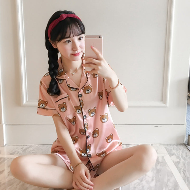 Women&#039;s Sleepwear Satin Silk Short Sleeve Print Pajama Sets Pink Plus Size Women Nightie Summer Spring Woman 2 Pieces MDJO
