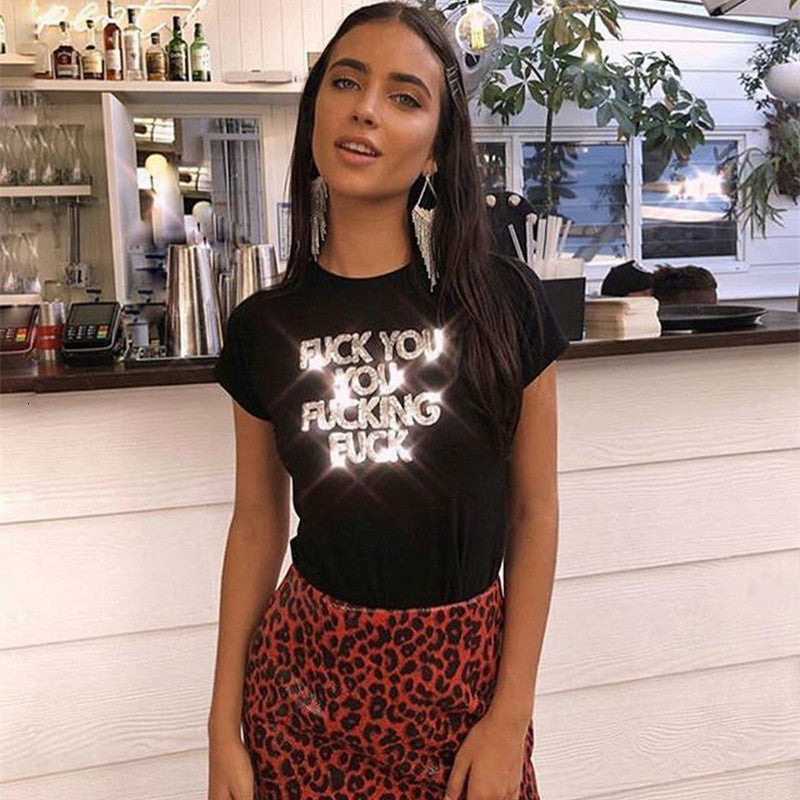 Women&#039;s T-Shirt Women Letter Drill Sequins Rhinestones Short Sleeve Belly Shirt For Girls Crop Top Fitness Streetwear