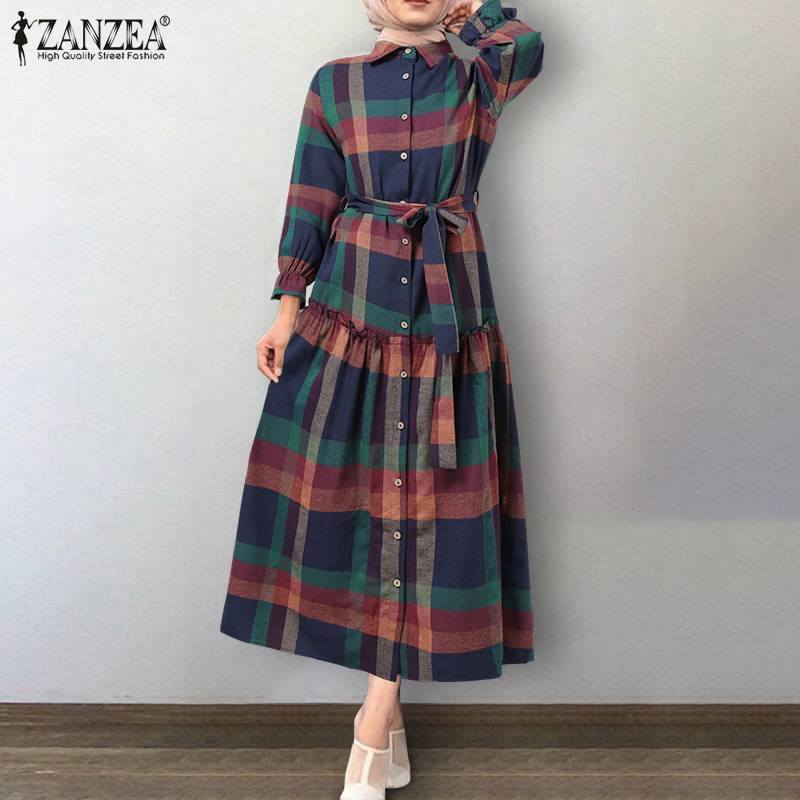 Women&#039;s Blouses & Shirts ZANZEA Vintage Plaid Check Dress Islamic Clothing Women Muslim es Autumn Long Sleeve Ruffles Dubai Abaya
