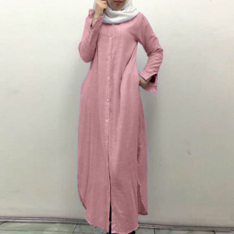 Women&#039;s Blouses & Shirts Spring Vintage Sundress Crew Neck Buttons Robe ZANZEA Women Stripe Printed Long Maxi Shirt Dress Abaya Hi