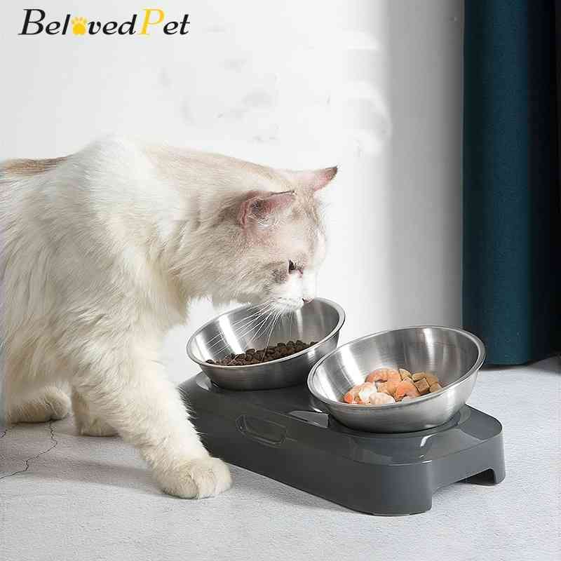 Stainless Steel Cat Food Feeder Double Bowls Adjustable 15 Degree Non Slip Dispenser Pet Drinking Water Bowls Prevent Choking