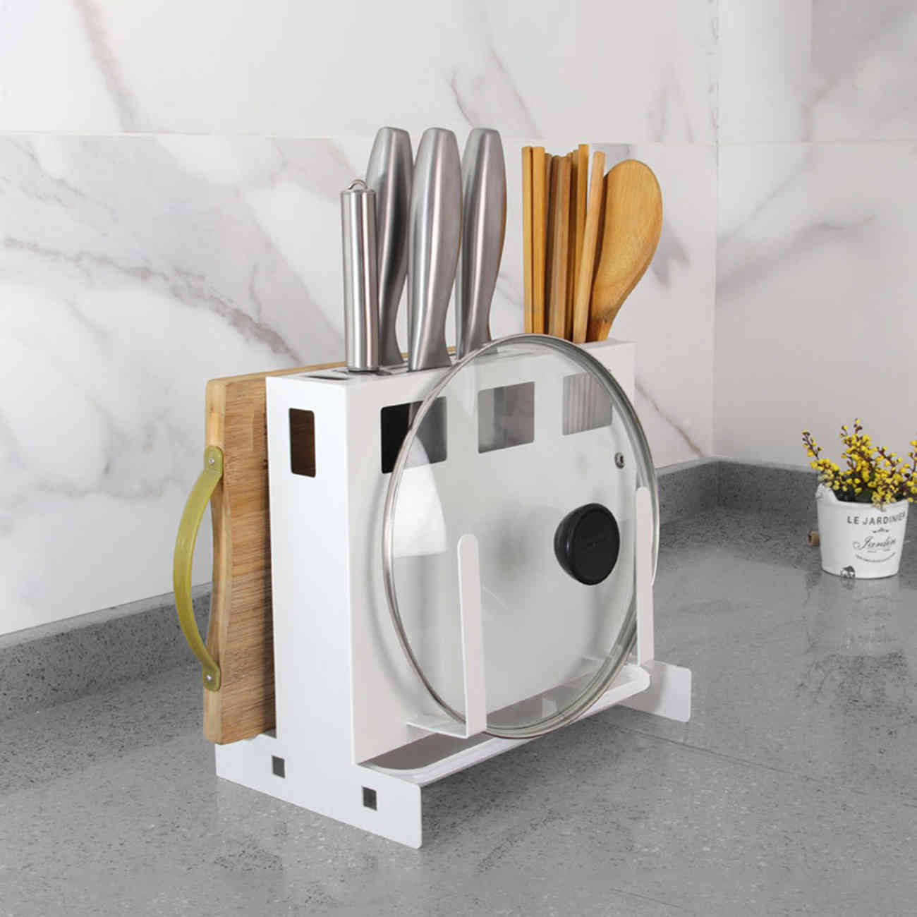 Kitchen items storage shelf pot cover cutlery chopsticks canister integrated storage desk knife shelf content shelf mesa style