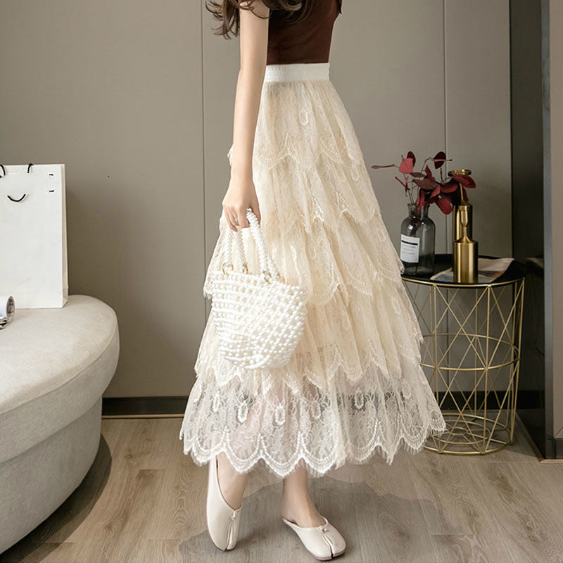 Skirts Multi-layer Flroal Lace Maxi Long Fairy Wave Brim A-line Tiered Pleated EQCX