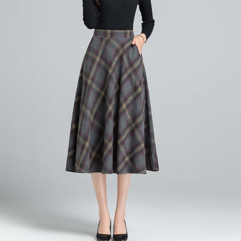 Skirts Winter Plaid Tweed Thickened A-line Long Side Pockets Elastic Waist Vintage Autumn Flared Wool Blend Calf YQ0L