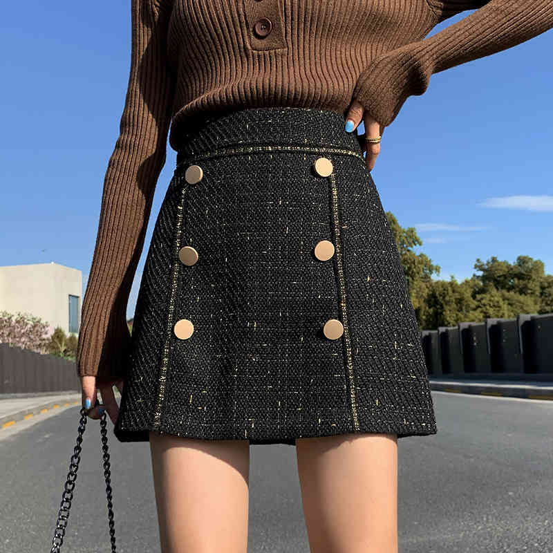 Skirts Autumn Metallic Blend Double Breasted Button A-line Short Skorts Winter Golden Line Black White F6CO