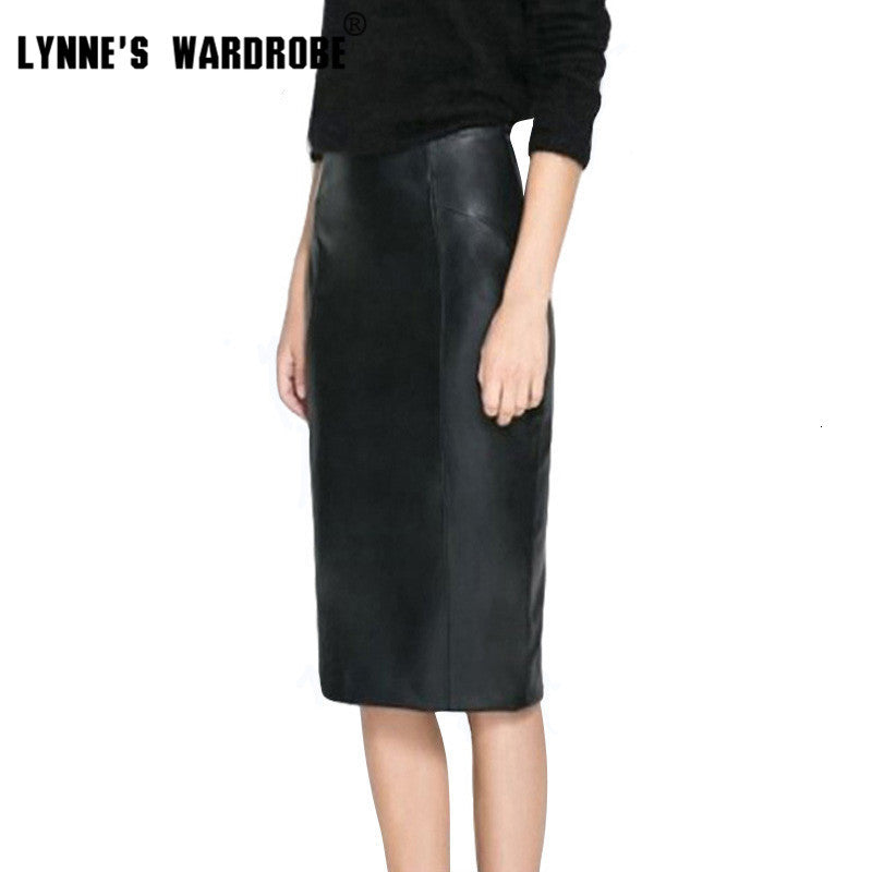 Skirts Autumn Winter High Waisted Synthetic Leather Midi Pencil Zipper Back Split Business Women PU Slim Fit Knee FS58