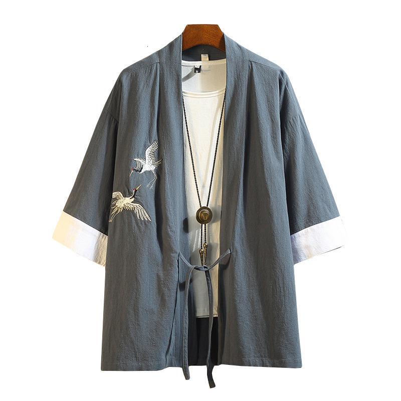 Men&#039;s Casual M-5XL Japanese Streetwear Kimono Shirt Men Chinese Dragon Embroiderd 3-4 Sleeve Collarless Shirts Cotton Office Wear XXXXXL