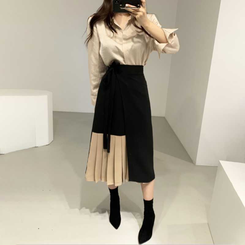 Women&#039;s Tracksuits JSXDHK Korean Spring 2 Piece Set Women Fashion Puff Sleeve Loose Shirts + Color Contrast Patchwork Lace UP Pleated Skirts Su