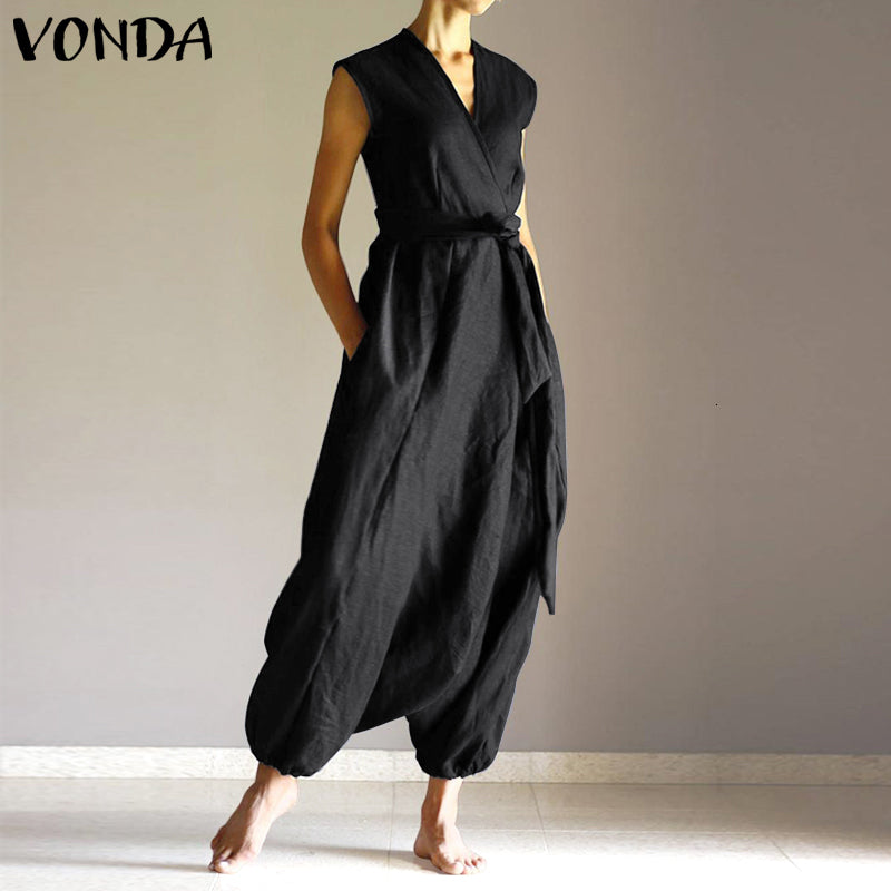 Casual Dresses Straps Jumpsuits Vintage Suspenders VONDA Cotton Rompers Women Fashion Sleeveless Wide Leg Pants Loose Summer Overa