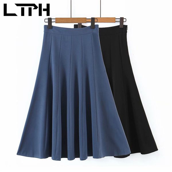 Korean Big hem High Waist A-line skirts Simple Solid color Fashion casual all-match pleated women skirt Summer 210427