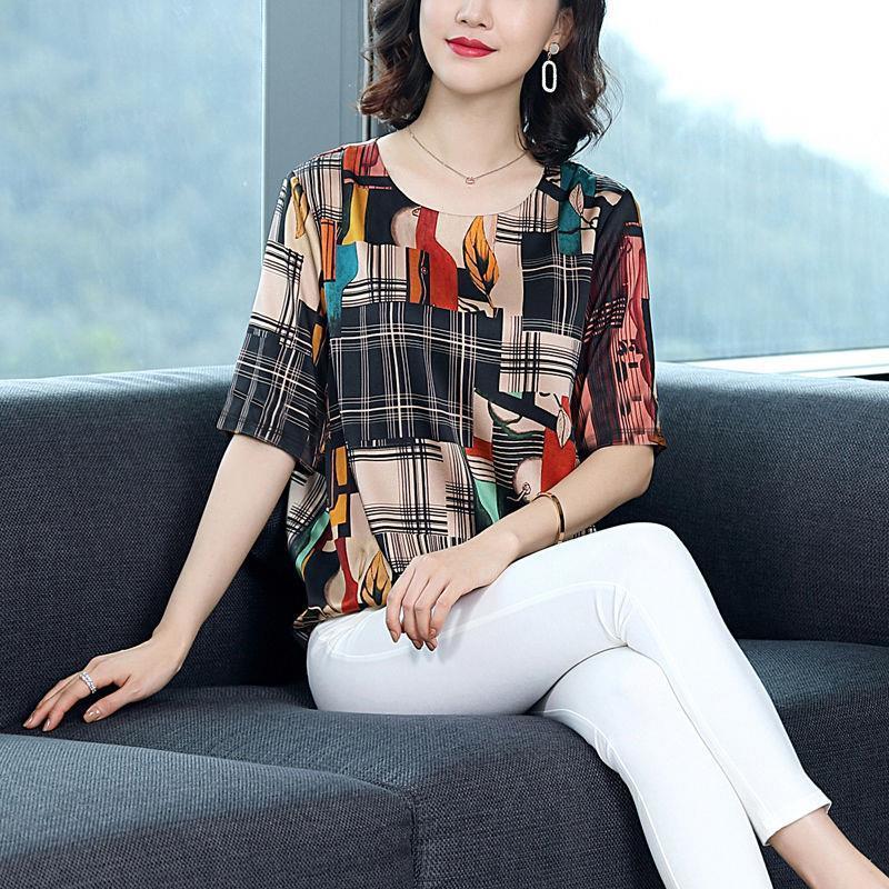 Summer Middle Aaged Elastic Womens Blouses O Neck Slim Tops Fashion Milk Silk Half Sleeve Shirt Pullover W59