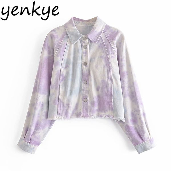 Spring Autumn Women Vintage Tie Dye Denim Jacket Female Long Sleeve Frayed Edge Short Outerwear Plus Size chaquetas Tops 210430