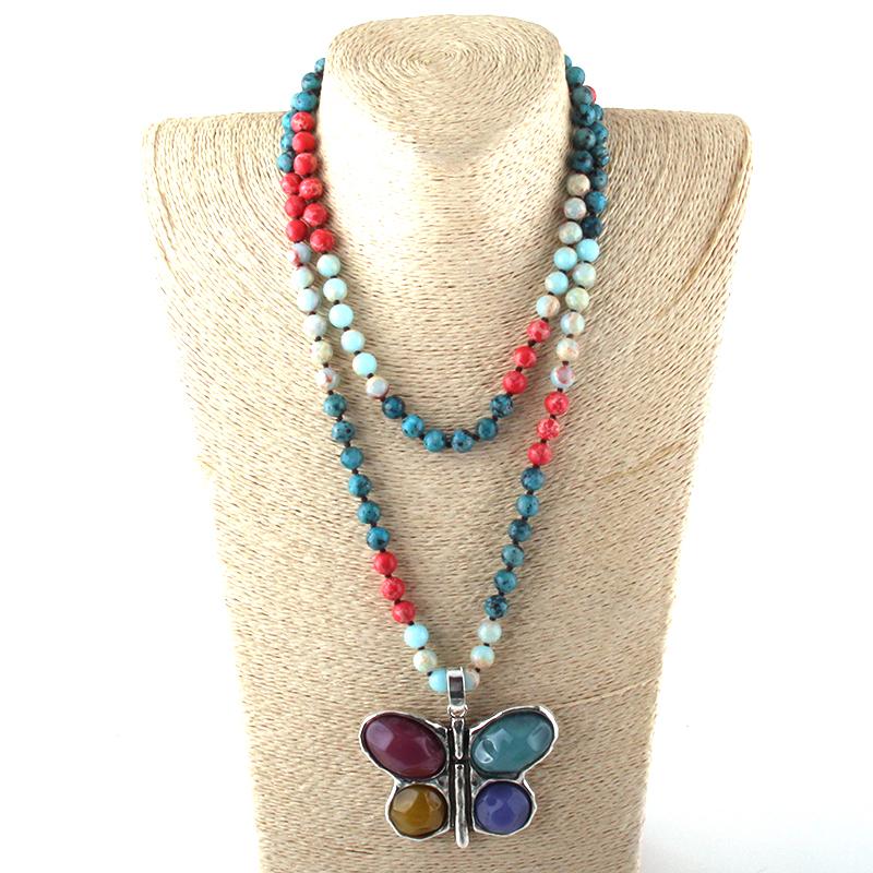 ! MOODPC 108 Beads Mala Multi Stone Knotted Butterfly Charm Pendant Necklace Women Meditation Yoga Necklaces