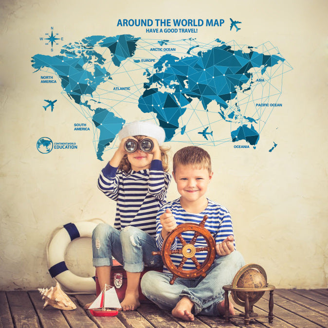 Color Blue Letters World Map DIY Vinyl Wall Sticker Kids Room Office Room Art Decals Home Decor
