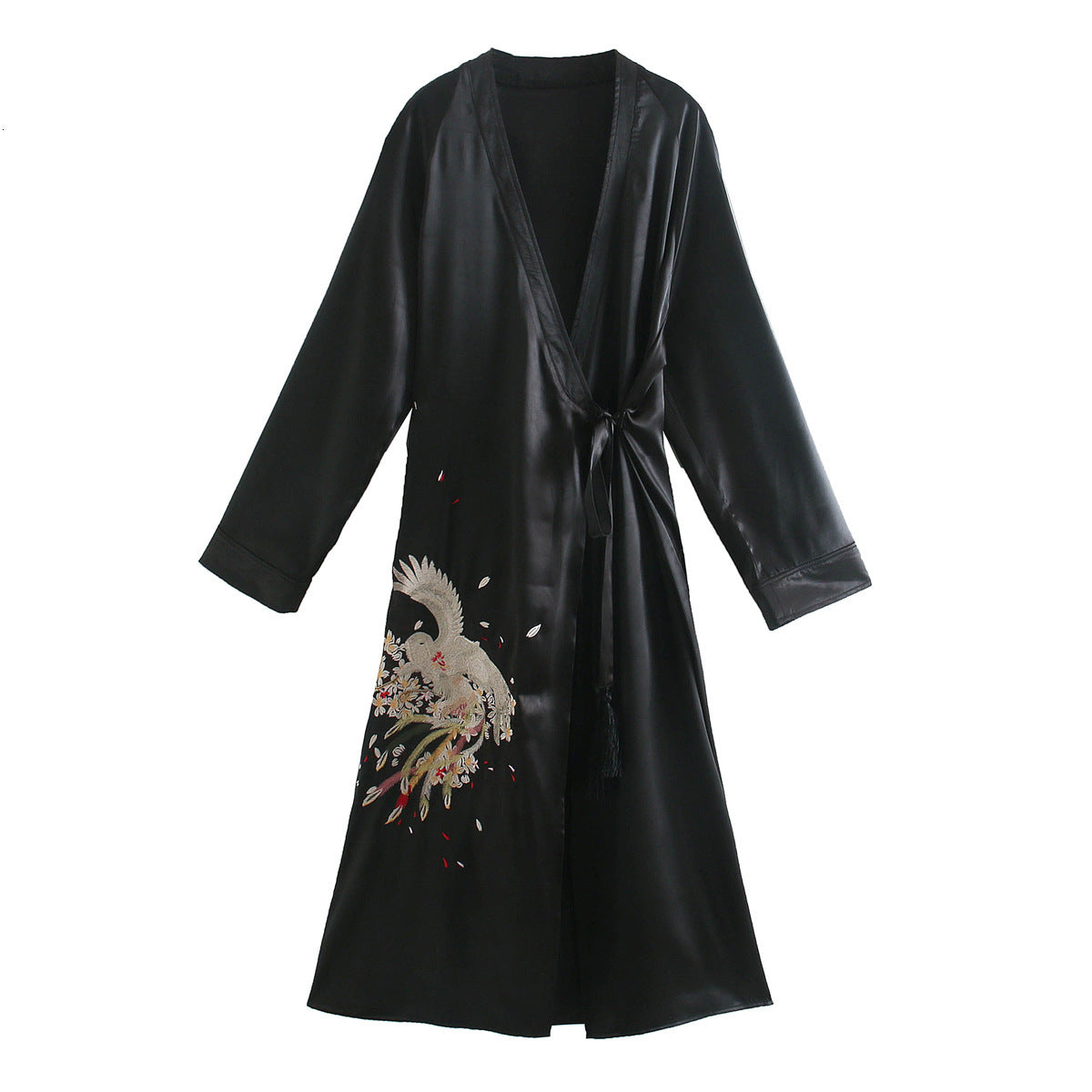 Women&#039;s Blouses & Shirts Women Long Kimono Cardigan 2021 Embroidery Style Drawstring Wrap Design Elegant Fashion Blouse Black Robe