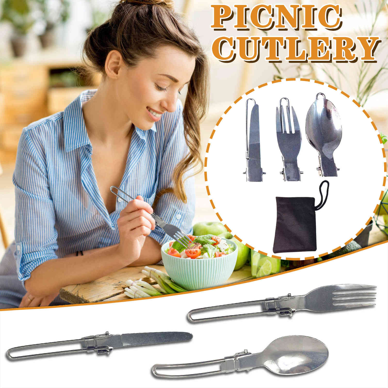 Foldable long pots knapsack stainless steel fork fold knife utensil spoon combined picnic set silverware