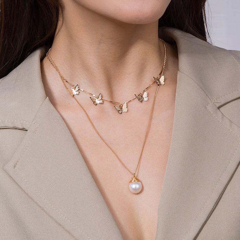 Double Layer Butterfly Necklace For Women Gold Color Pearls Pendant Clavicle Choker Necklaces European Style Feamle Jewelry