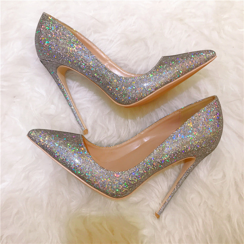 fashion Women pumps silver glitter point toe bride wedding shoes high heels genuine leather real photo 12cm 10cm brand
