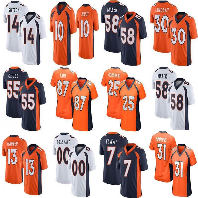 Custom Justin Simmons Jerry Jeudy Men Womens Youth Football jersey Von Miller Drew Lock Bradley Chubb KJ Hamler Noah Fant Melvin Gordon Courtland Su