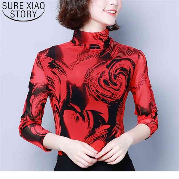Autumn Fashion Women Shirts Casual Printed Floral Clothing Plus Size Long Sleeve Turtleneck Blouses 6209 50 210506