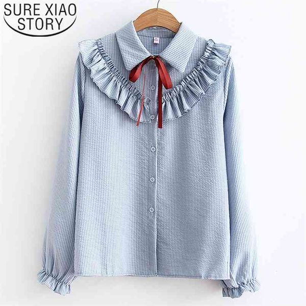 Fashion Women Chiffon Blouses Long Sleeve Bow Ruffles Striped Clothing Casual Shirt Office Lady 5141 50 210506